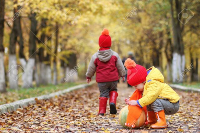 Children are walking in nature. Twilight kids are walking around